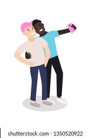 Men embracing couple taking selfie photo. Two happy gay  hold smartphone. Vector Illustration.