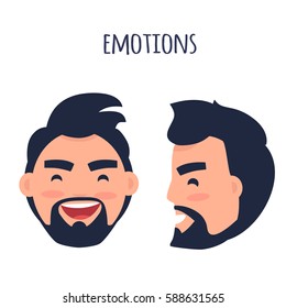 Men Emotions. Man with beard and pink cheeks laughing with open mouth. Face from two different angles of view isolated on white background. Cartoon happy male character vector illustration.