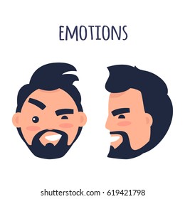 Men Emotions. Man with beard and pink cheeks arches his eyebrow, squint and crags. Face from two different angles of view isolated on white background. Cartoon male character vector illustration.