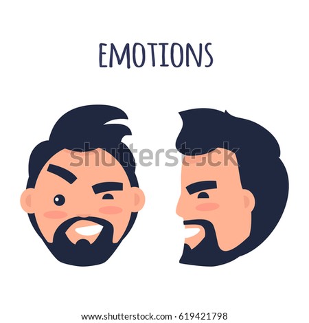 Men Emotions. Man with beard and pink cheeks arches his eyebrow, squint and crags. Face from two different angles of view isolated on white background. Cartoon male character vector illustration.