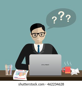 Homens, funcionários e um computador pessoal notebook para se preocupar.  Ilustração de design plano vetorial. 