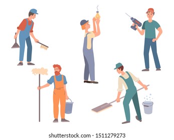 Men engaged in housework, concept help with housework, housework, service " husband for an hour. Vector illustration.