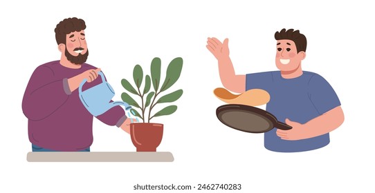 Vector de dos hombres, uno barbudo en un suéter morado regando plantas, el otro afeitado limpio dando vuelta a las tortitas, que representan la vida doméstica