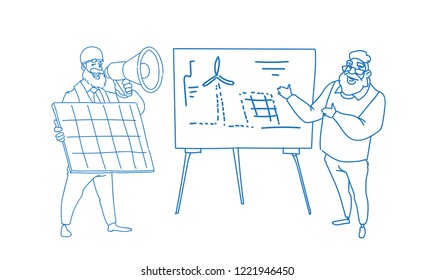 Men engineer wind turbine solar energy panel renewable station presentation sketch doodle full length horizontal vector illustration