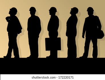 Men engineers miners and construction workers in helmets work line crowd unemployment concept vector background illustration