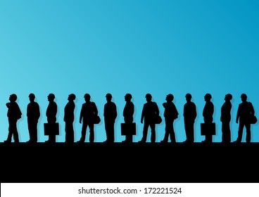 Men Engineers Miners And Construction Workers In Helmets Work Line Crowd Unemployment Concept Vector Background Illustration