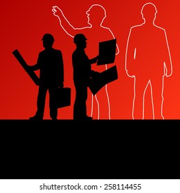Men engineers miners and construction workers in helmets work line crowd unemployment concept vector background illustration