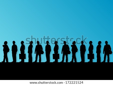 Men engineers miners and construction workers in helmets work line crowd unemployment concept vector background illustration