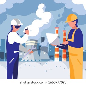 men engineers standing the factory, team work vector illustration design