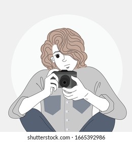 Men enjoy photography in the outdoor garden.Doodle art concept,illustration painting