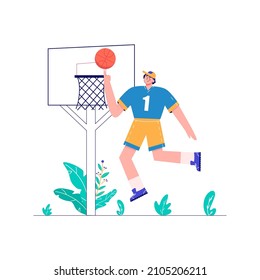 Men enjoying his hobbies, work, leisure. Character  playing basketball.  Vector illustration in flat cartoon style.