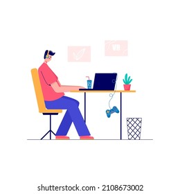 Men enjoying his hobbies, work, leisure. Character  playing football, basketball, learning gitar, drawing. Designer and artist at work and musician. Vector illustration in flat cartoon style.