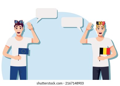 Men with European and Belgian flags. The concept of international communication, education, sports, travel, business. Dialogue between the European Union and Belgium. Vector illustration.