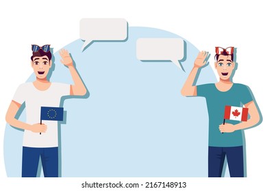 Men with European and Canadian flags. Background for text. Communication between native speakers of the European Union and Canada. Vector illustration.
