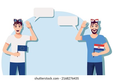 Men with European and Croatian flags. Background for the text. Communication between native speakers of the language. Vector illustration.