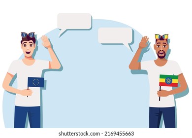 Men with European and Ethiopian flags. Background for the text. The concept of sports, political, education, travel and business relations between the European Union and Ethiopia.