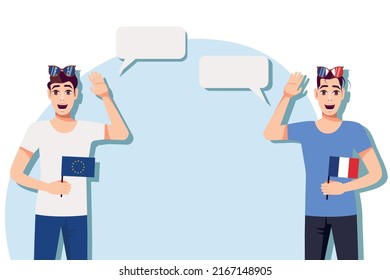 Men with European and French flags. Background for text. Communication between native speakers of the European Union and France. Vector illustration.
