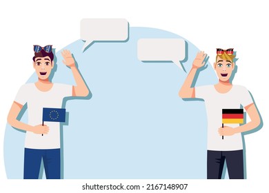 Men with European and German flags. Background for text. Communication between native speakers of the European Union and Germany. Vector illustration.
