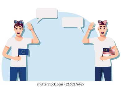 Men with European and Malaysian flags. Background for the text. Communication between native speakers of the language. Vector illustration.