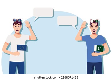 Men with European and Pakistani flags. Background for text. Communication between native speakers of the European Union and Pakistan. Vector illustration.
