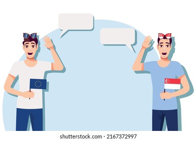 Men with European and Singapore flags. Background for text. Communication between native speakers of the European Union and Singapore. Vector illustration.