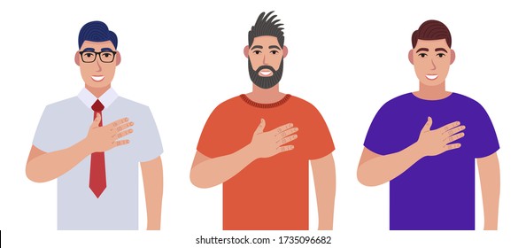 Men expresses they positive feeling to people, keep hands on chest or heart. Character set. Vector illustration in cartoon style.