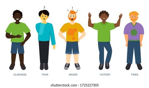 Men expressing various emotions: sadness, anger, fear, worry, relax, crying, happiness, victory, tiredness, melancholy, gladness, amazement. Image of different full-length people emotions