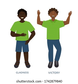 Men expressing various emotions: victory, gladness. Image of different full-length people emotions
