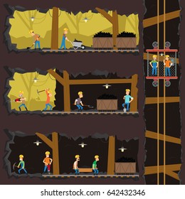 men extract coal in the mine. Coal industry, mine with many levels, workers, lift and appliances. vector