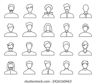 Men face avatars. Coloring Page. Unknown or anonymous person. Different male profile. Hand drawn style. Vector drawing. Collection of design elements.