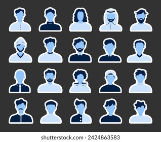 Men face avatars. Sticker Bookmark. Unknown or anonymous person. Different male profile. Hand drawn style. Vector drawing. Collection of design elements.