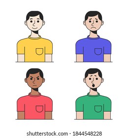 Men face with different expressions in front view