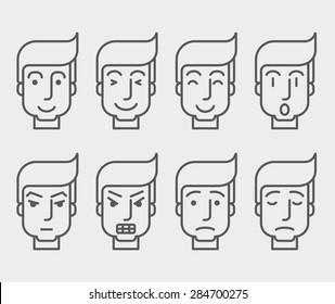 Men face with different expressions in front view. A contemporary style. Vector flat design illustration with isolated white background. Horizontal layout