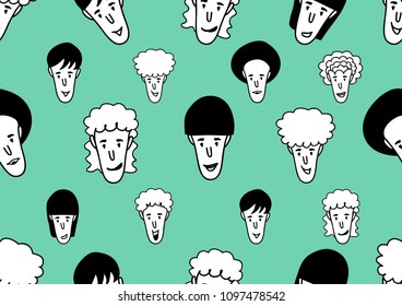 Men Face icon - hand drawn seamless pattern vector illustration for fabric, cloth, package, wall, decoration, furniture, printing media. Blue background design. cover template, doodles.