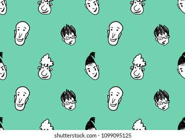 Men Face icon - hand drawn seamless pattern vector illustration for fabric, cloth, package, wall, decoration, furniture, printing media. Blue background design. cover design, doodles.