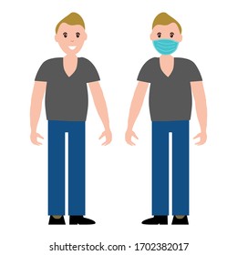 Men with face medical mask and casual clothing standing half turn . Set of isolated vector illustration