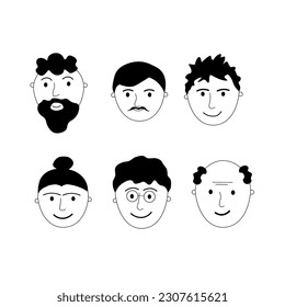 Men. Face portraits of different male characters of different ages, different hairstyles, psychotype and type. Cartoon vector illustration. Line art. Drawn by hand. Design element. Isolated background