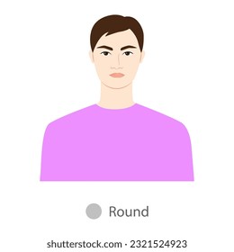 Men face round shape type with text diagram. Male Vector illustration in cartoon style in the magenta shirt 9 head size Gentlemen front view. Vector outline boy for fashion sketching