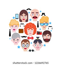 Men faces and accessories on white background.Vector illustration