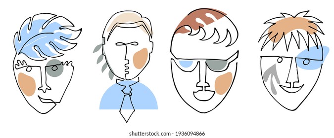Men faces hand drawn continuous one line and color shapes. Minimalist Simple Linear vector illustration set of men portraits design.