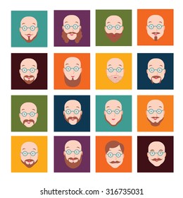 men faces icons with beard and mustache set, hipster style
