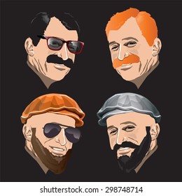 Men faces isolated on black. Vector, illustration
