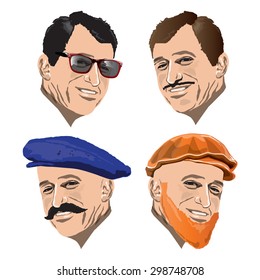 Men faces isolated on white. Vector, illustration