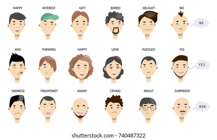 Men faces set. Different faces with emotions.