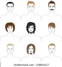  men faces set with different hairstyles, beards and mustaches