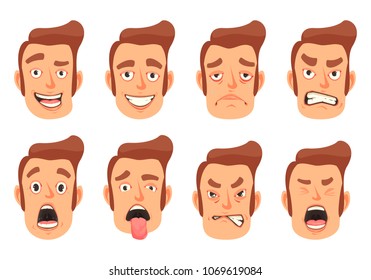 Men facial gestures pleasure surprise fear disgust emotions 8 cute mouth cartoon icons set isolated vector illustration 