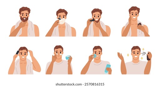 Men facial hygiene. Funny guy takes care of skin. Face wash. Daily beauty procedure. Male shaving process. Apply moisturizing cream. Healthy lifestyle. Self love routine