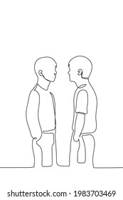 men are facing each other - one line drawing. concept of conflict,  polemics, aggressiveness, aggressive dispute