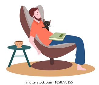 Men fall asleep when reading sit on chair white isolated background with flat cartoon style
