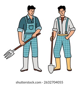 Men Farmer with garden tools Shovel and pitchfork. Male Gardeners in overalls and rain boots set. Isolated Color Hand Drawing. Vector illustration